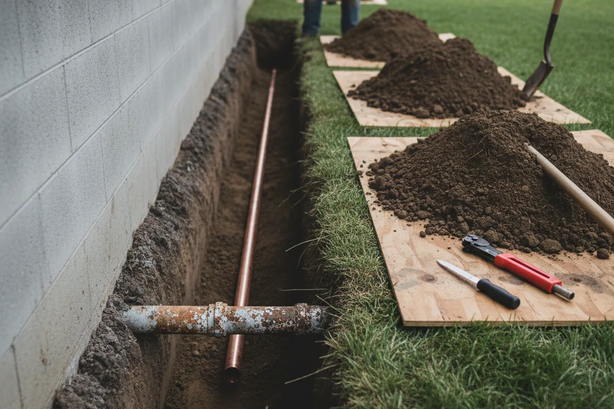 Excavated water line trench during Water Softener Installation in Sulphur